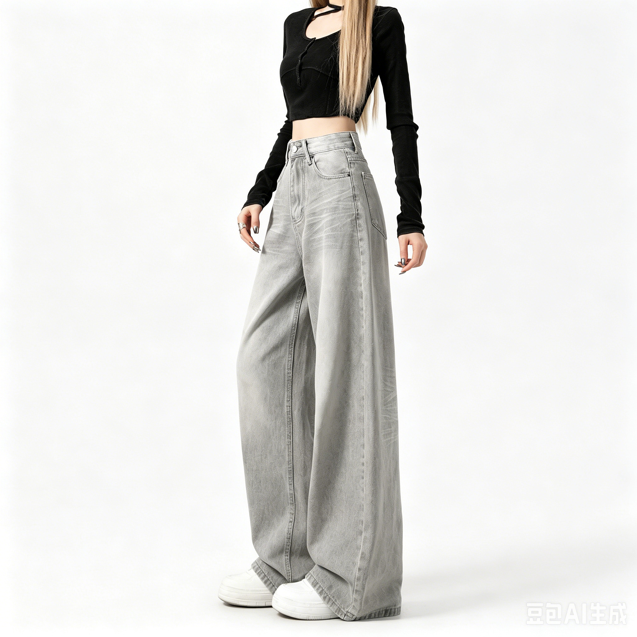 Women's Light Gray High Waist Wide Leg Denim Jeans