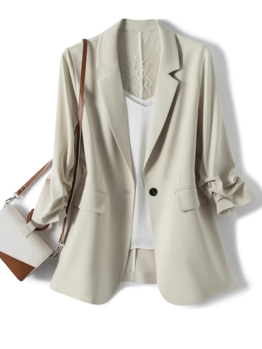 Women's Beige 3/4 Sleeve Blazer, Casual Workwear Jacket